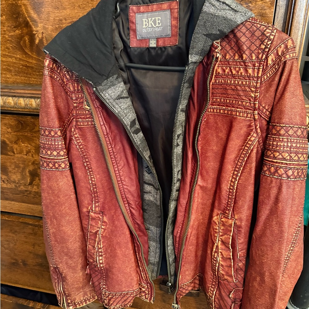 BKE Rust Distressed Bomber Jacket with removable Hood sz Large